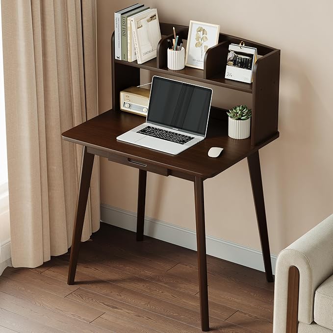 IOTXY Small Writing Desk with Hutch - 31.5" Work Computer Study Table with Drawer for Home and Office, Black Walnut