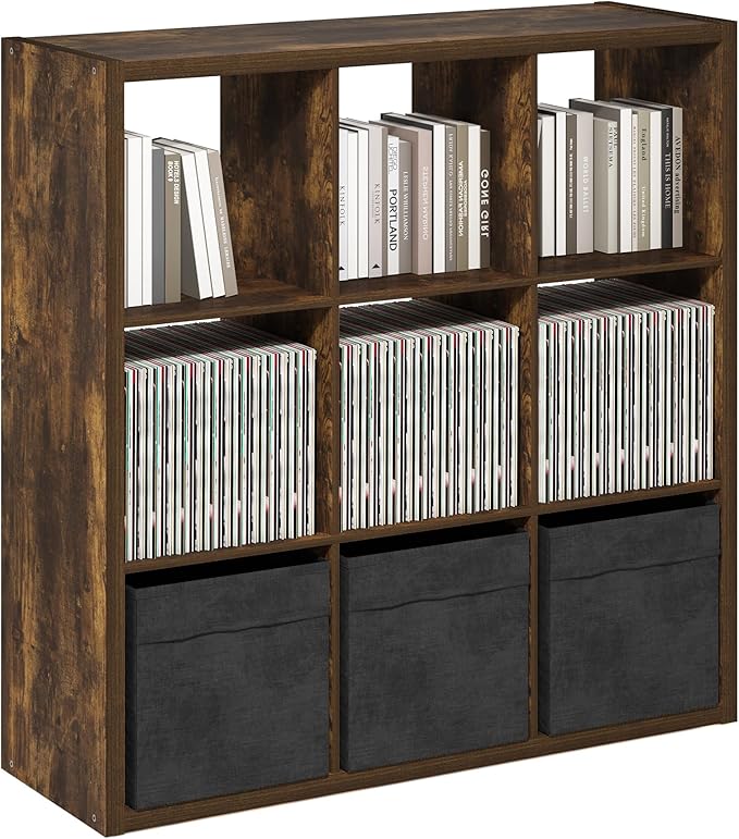 Furinno Cubicle Book Shelf, 9-Cube Bookshelf, Extra Thick Frame Reversible Bookcase with Open Back, 14.6" x 44" x 44", for Living Room, Bedroom, Home Office, Amber Pine