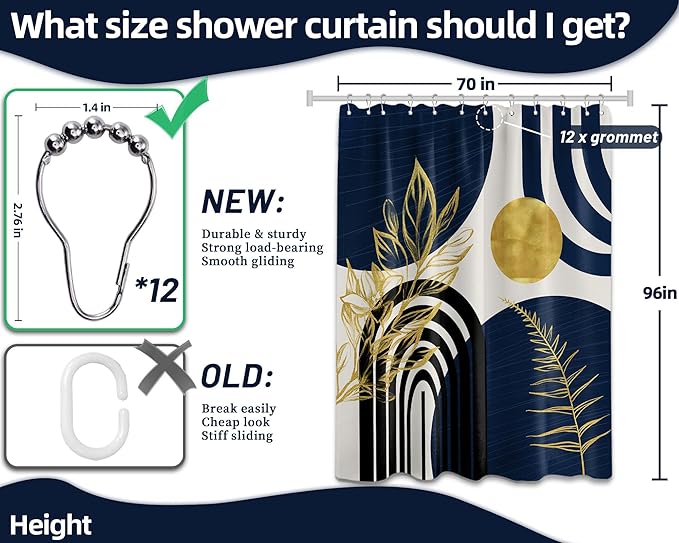 Mid Century Modern Navy Blue Shower Curtain Boho Dark Blue and Gold Leaves Shower Curtains for Mens Bathroom Decor Sets, Waterproof Cloth Fabric with Hooks, 70x96in