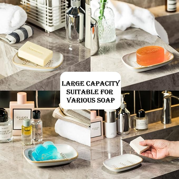 Soap Dish Bar Cleaner Dish for Shower, Ceramic Soap Dishes for Large Soap Bar Shampoo or Sponge, Shower Soap Dish Soap Saver Tray for Bathroom Kitchen Sink, Easy to Clean (Pack of 2)