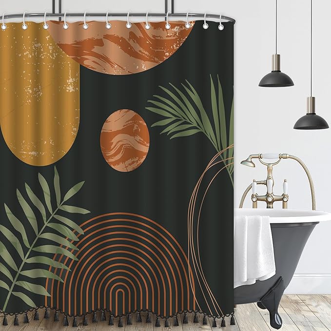 Boho Mid Century Leaf Shower Curtain Set,Arch Sun Design,Minimalistic Leaves Pattern,Waterproof and Luxurious Fabric-12 Hooks(Coffee Brown-60" x 72")