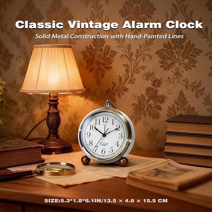 AYRELY® 5.3" Vintage Analog Alarm Clock, Battery Operated Metal Desk Clock, Retro Table Clock with Light for Living Rooms, Bedrooms, Shelf, Home Decor (Gold)