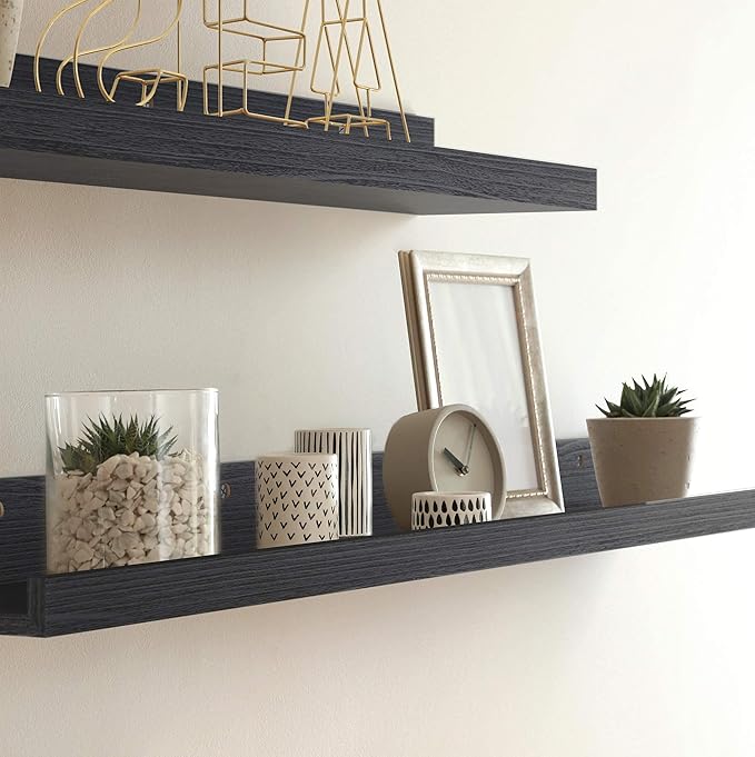 Icona Bay 16 Inch Floating Shelves for Wall - Set of 3 in Ebony Black - Modern Rustic Style - Wall Mounted Display Shelves - Picture Ledges