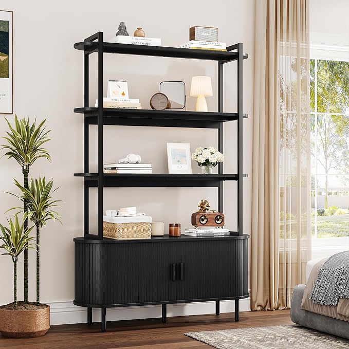 4 Tier Bookshelf with Fluted Cabinet, Tall Bookcase with Sliding Door, Metal and Wood Display Shelf, Free Standing Storage Shelving Unit, Corner Storage Organizer for Living Room, Home Office, Black