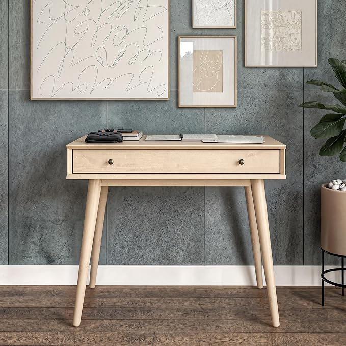 Camaflexi Mid-Century Modern Writing Desk / 35.83" W/Study Writing Table/Solid and Manufactured Wood/Natural Variations of Wood Grains/One Drawer/Partial Assembly, Light Oak