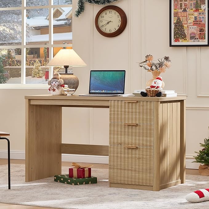 LEYAOYAO Office Desk 48" with 3 Drawers Storage File Cabinet Wood Fluted Desk for Computer Office Bedroom Home Furniture Natural