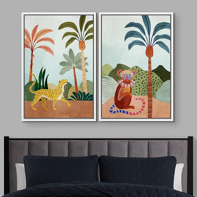 IDEA4WALL Framed Canvas Print Wall Art Set Wild Tropical Jungle Safari Cheetah & Monkey Nature Wilderness Digital Art Modern Art Decorative Animal for Living Room, Bedroom, Office - 16"x24"x2 White