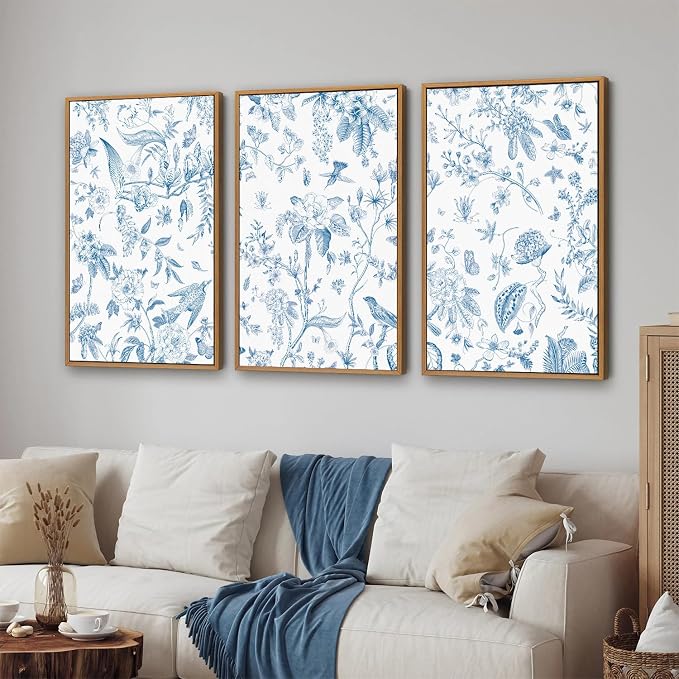 KaiWithYuan Large Navy Blue and White Floral Framed Canvas Wall Art, Classic Chinoiserie Peony Flower Wall Decor, Indigo Birds Art Paintings, Botanical Artwork for Living Room Bedroom Office 16"x24"x3