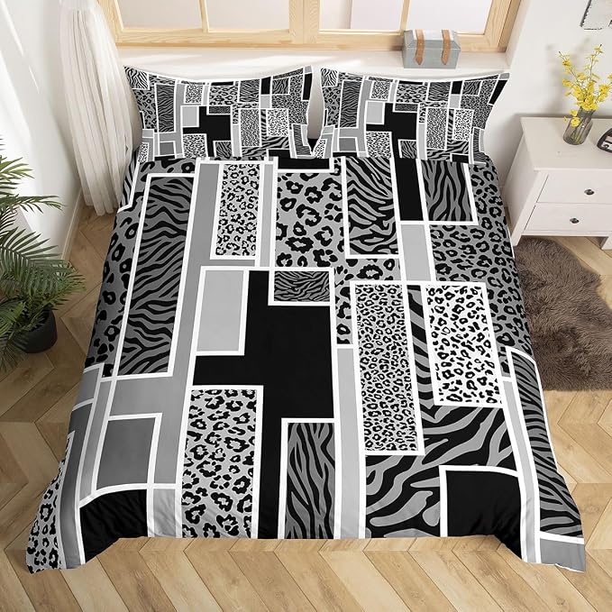 Erosebridal Leopard Print Duvet Cover King Cheetah Zebra Skin Print Bedding Set Black Grey Animals Fur Rustic Comforter Cover for Kids Teen Adults,Geometric Square Patchwork Bed Set
