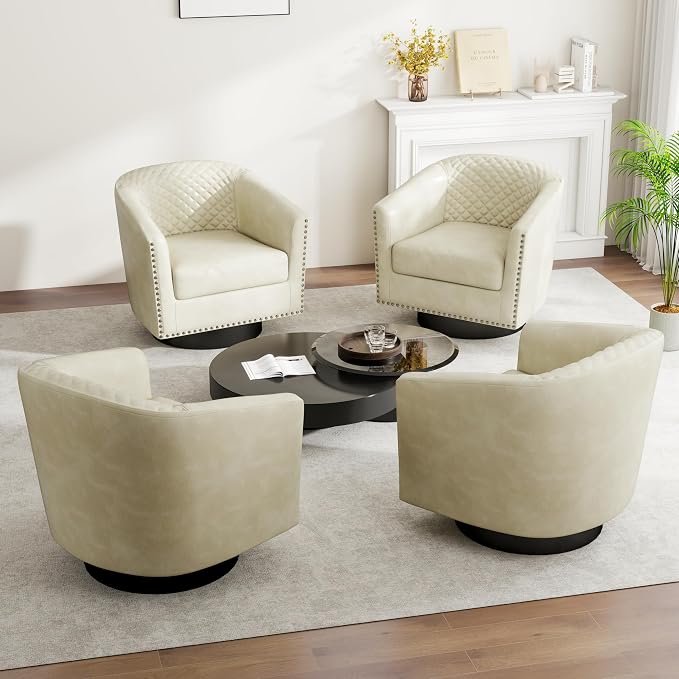 Swivel Barrel Accent Chair, Comfy Modern Upholstered Round Faux Leather Arm Chair for Living Room, Bedroom（Beige, Set of 1