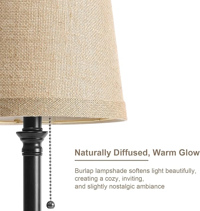Oneach 19.5" Black Table Lamp Set of 2, Small Bedside Table Lamps with Unique Natural Shade, Pull Chain Switch, USB A+C Charging Ports, Rustic Nightstand Lamps for Living Room, Bedroom, Nursery