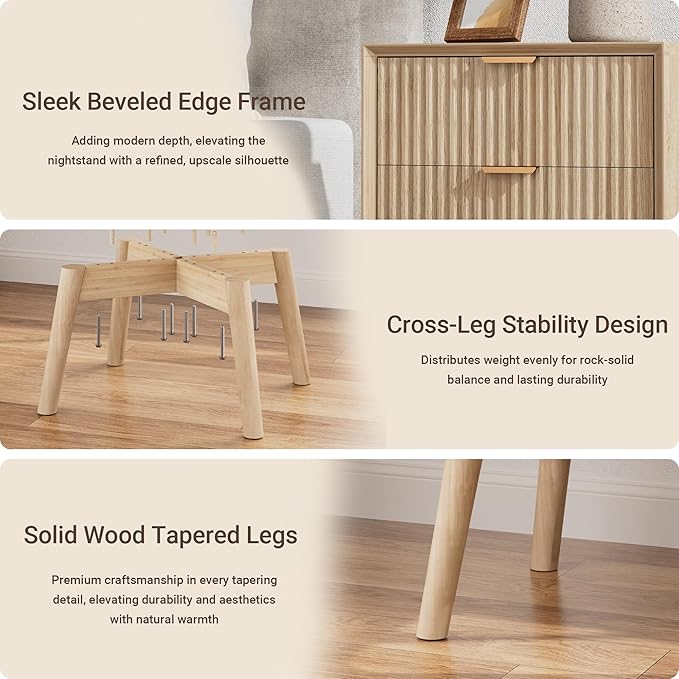 Fluted Nightstand, Beveled Edges Night Stand, 2 Drawer Nightstand with Charging Station, Modern End Table with Solid Wood Legs, Wooden Bedside Table for Bedroom Sofa Home Office,Natural Oak