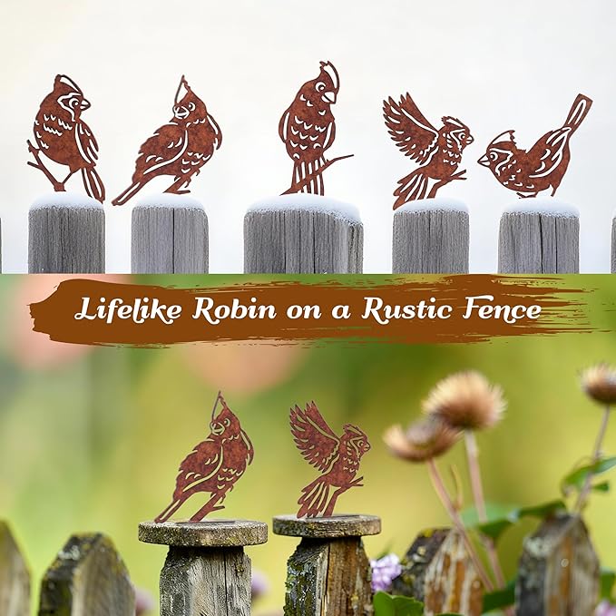 Rusty Birds Decoration, Outdoor Bird Wall Decor, Metal Bird Yard Decor, Garden Sculptures, Yard Art, Fence Decorations Outdoor, Rustic Garden Decor, Metal Birds Craft Statue Ornaments