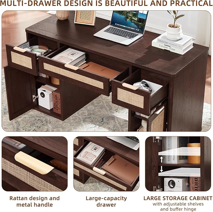 LEYAOYAO Office Desk 56" with 5 Drawers Storage File Cabinet Rattan Wood Desk for Computer Office Bedroom Home Furniture Dark Walnut