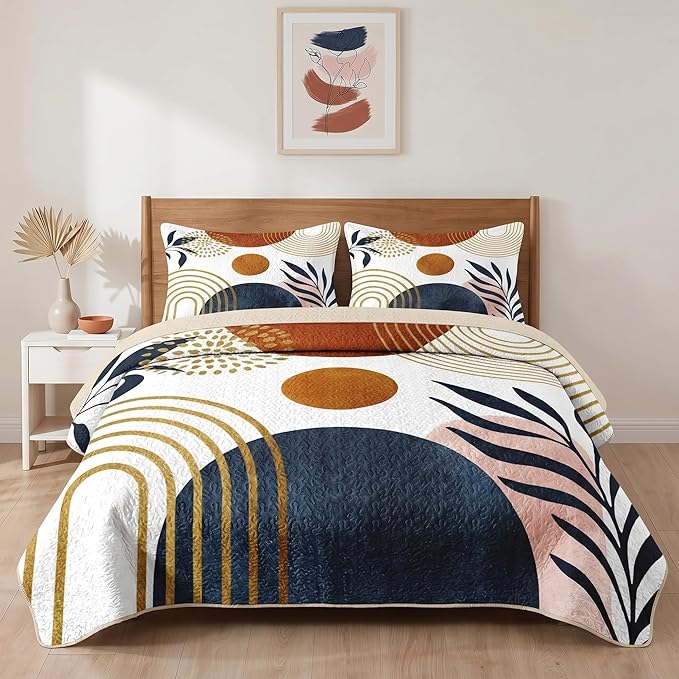 Pamnest Quilt Set Twin Size, Gold Yellow Mid Century 2 Pcs Soft Bed Cover Bedding Set for Kids and Adults, Sun Boho Geometric Leaf Lightweight Bedspread Coverlet with Pillow Sham for All Season