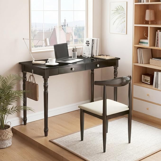 Mid Century Modern Desk, 47" Black Solid Wood Desk with 2 Drawers, Boho Writing Desk Computer Table for Home, Office, Bedroom, Living Room