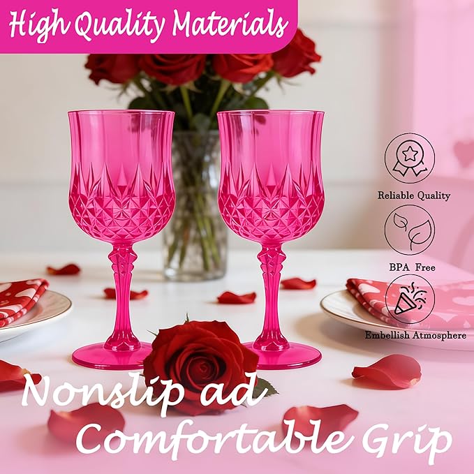 Plastic Wine Glasses, Plastic Goblets Vintage Style Cordial Drinking Glasses for Valentine’s Day, Wedding Reception, Grand Event Party Supplies (48, Hot Pink)