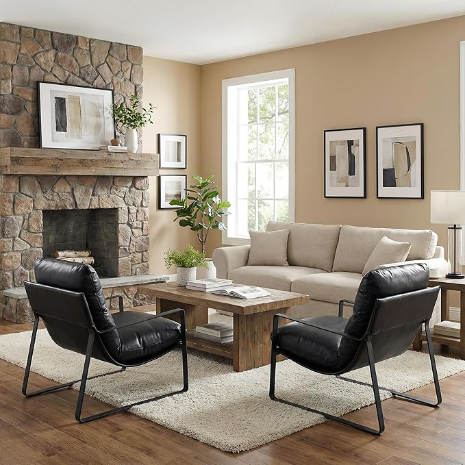 LukeAlon Modern PU Leather Accent Armchairs Set of 2, Upholstered Living Room Chairs with Metal Base Removable Thickened Cushion Sofa Chairs Comfy Lounge Chair for Bedroom Living Room Office, Black