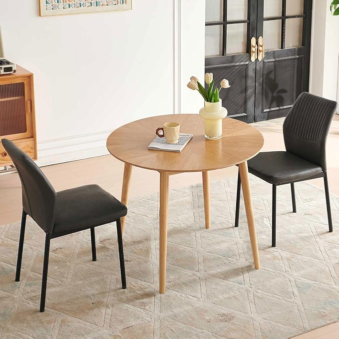 3-Piece Dining Table Set, Round Breakfast Dinner Table with Solid Wood Veneer Tabletop, Compact Table & Chairs, Dark Grey