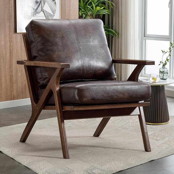 Bonzy Home PU Leather Small Accent Chair,Mid Century Modern Comfy Chairs, Upholstered Armchair with Solid Wood Frame & Removable Cushions, Retro Leisure Chair Reading Chair for Living Room, Bedroom