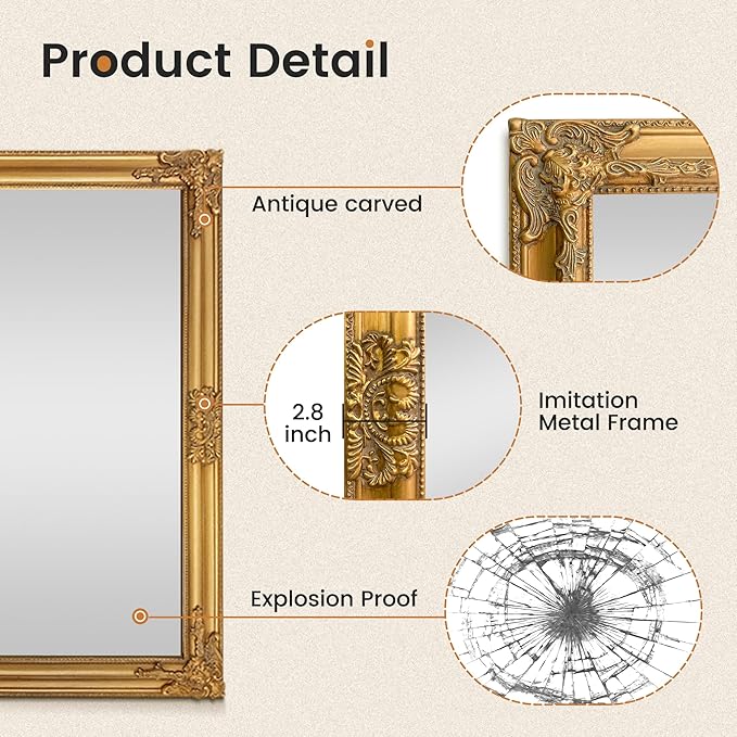 Vintage Gold Mirror for Wall, 28"x40" Antique Decorative Baroque Mirror with Imitation Metal Frame, Ornate Decorative Wall Mirror Decor for Entryway, Fireplace, Living Room, Hallway, Bathroom