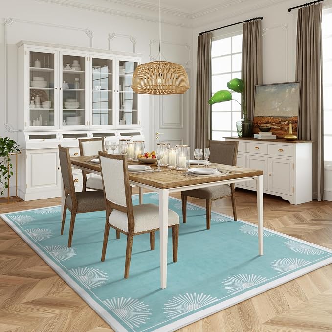 Hedlive Modern Bedroom Rug 8x10 Under Bed, Low Pile Washable Rugs for Living Room,Soft Sun Printed Large Rug,Aqua Dining Room Rugs for Under Table Classroom Dorm(8x10ft, Baby Blue)