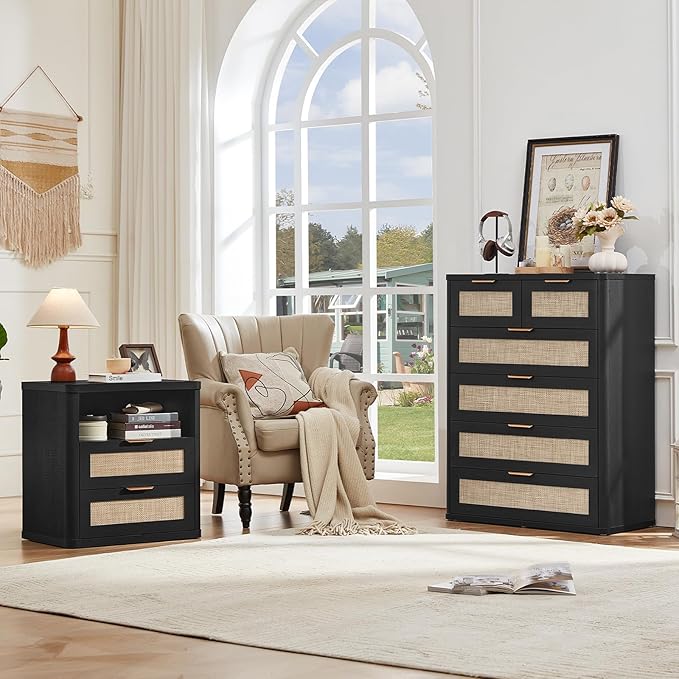 LEYAOYAO Rattan Dresser for Bedroom Set of 2, 42" Tall Chest of Drawers, Modern 6 Drawers Boho Dressers with Storage, Light Oak Dresser Wooden Closet Organizer for Living Room, Hallway, Black