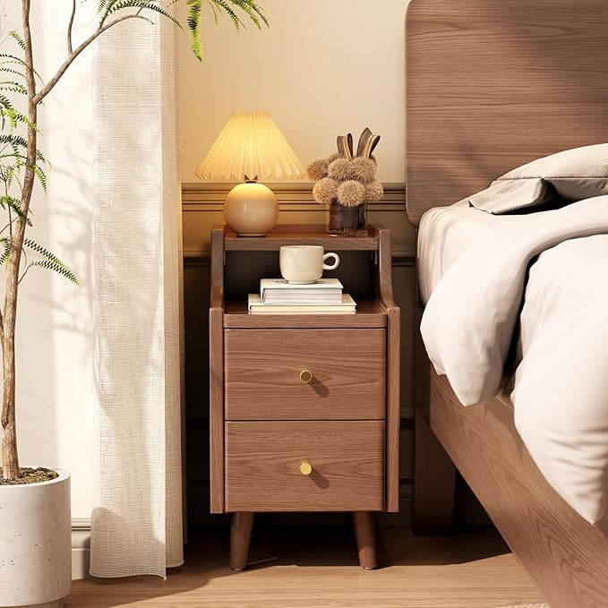 Narrow Nightstand with 2 Drawers,Walnut Nightstand,Bedside Table,Solid Wood Modern Bedside Table for Bedroom,Study,Toilet