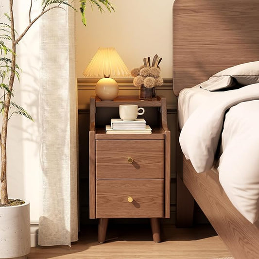 Narrow Nightstand with 2 Drawers,Walnut Nightstand,Bedside Table,Solid Wood Modern Bedside Table for Bedroom,Study,Toilet