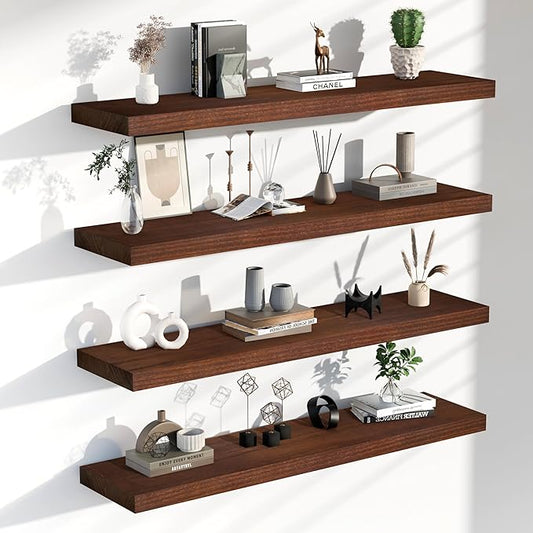 Floating Shelves for Wall, 48 Inch Extra Long Walnut Wall Shelves, Set of 4, Hanging Invisible Brackets Floating Shelves for Living Room,Bedroom,and Kitchen
