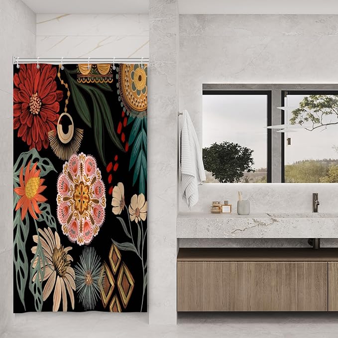 Black Boho Floral Shower Curtain Abstract Botanical Mid Century Modern Bathroom Decor Tropical Flower Shower Curtain with 6 Hooks,36x72 inches