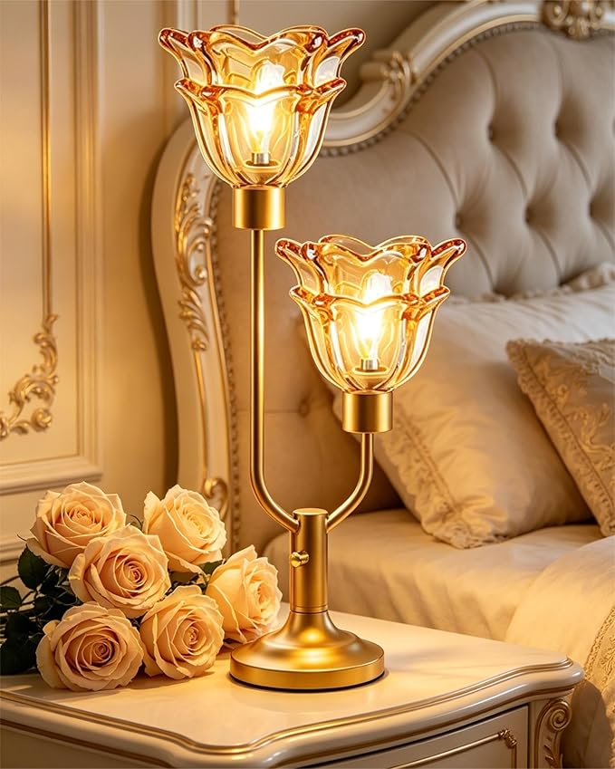 Lightdot Mid Century Modern Flower Table Lamp for Living Room Dimmable Nightstand Lamp Amber Glass Vintage Gold Desk Lamp 2 Bulbs Included Warmwhite Ambient Bedside Lamp for Bedroom Home Office Decor