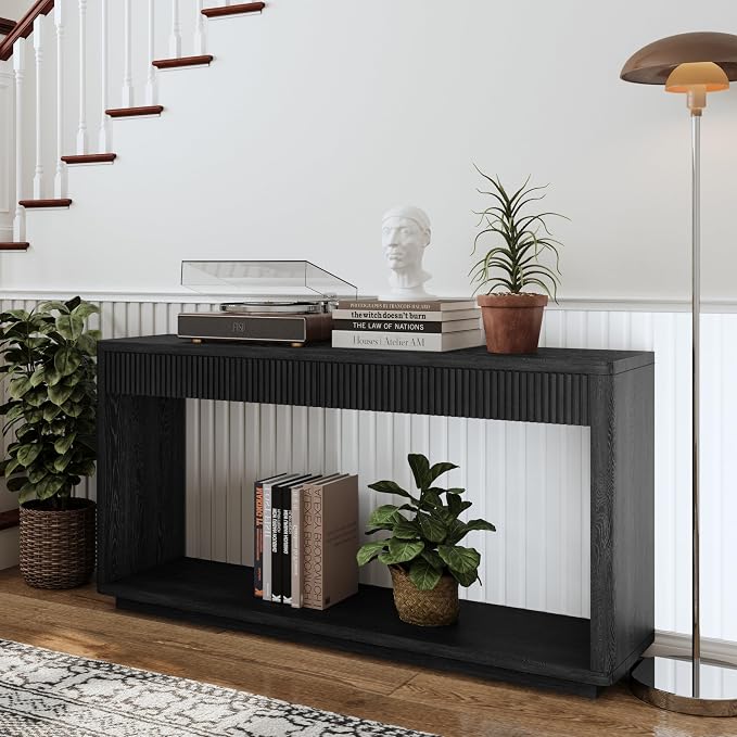 Wood Console Table, 59.8" Retro Long Sofa Table Behind Couch with 2 Fluted Drawers, Farmhouse Wooden Narrow Sofa Table Hall Table for Living Room Foyer Entrance Entryway, Black