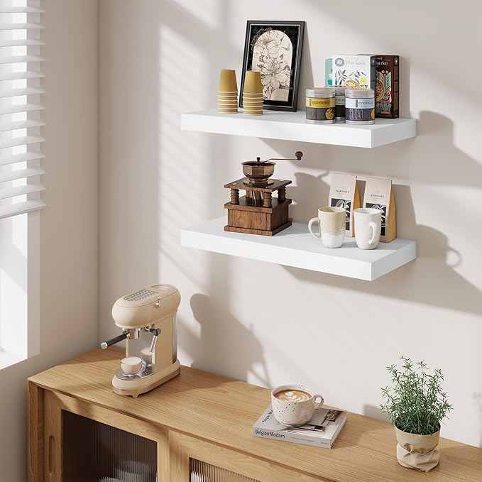 Fun Memories 24 x 10 Floating Shelves Wall-Mounted - Rustic Wood Shelf - 10 Inch Deep Floating Shelves for Wall - Large Storage Shelf for Bathroom - Kitchen & Bedroom - White - Set of 2