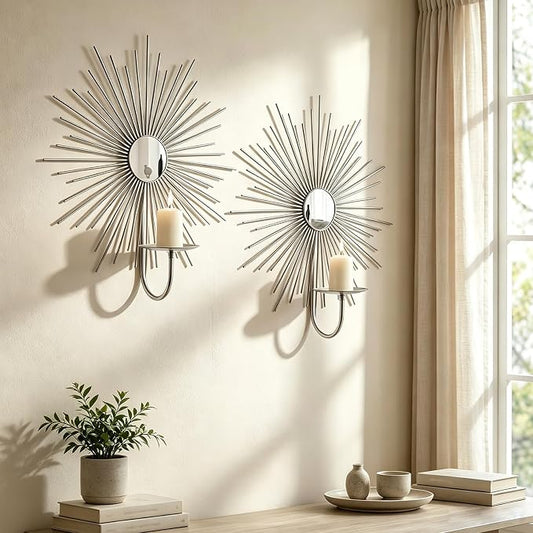 2 Set Candle Sconces Wall Decor for Living Room Metal Sunburst Mirrored Modern Gold Wall-Mounted Candle Holder Sconces Hanging Mounted Fireplace Farmhouse Wedding