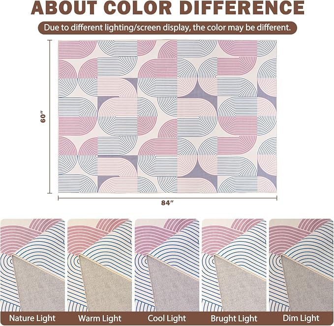 Living Room Rugs 5x7, Soft Modern Geometric Pink Rug for Bedroom, Washable Non-Slip Indoor Floor Boho Abstract Carpet for Dining Room Nursery Home, Pink/Purple