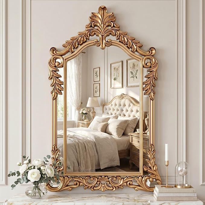 Large Retro Gold Mirror for Wall Decor 30"x47" Vanity Antique Baroque Ornate Wall Mirrors Victorian Arched Mirror for Bathroom, Living Room, Entryway, Fireplace, Bedroom