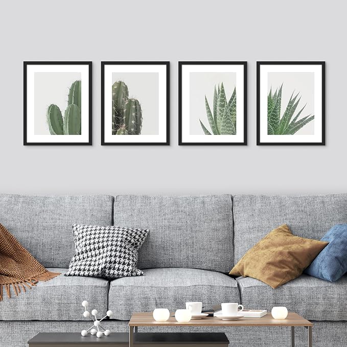 SIGNWIN Framed Green Cactus Snake Plant Wall Art, Set of 4 Collage Desert Landscape Wall Decor Prints, Nature Wilderness Wall Décor for Living Room, Bedroom - 12"x16" Black