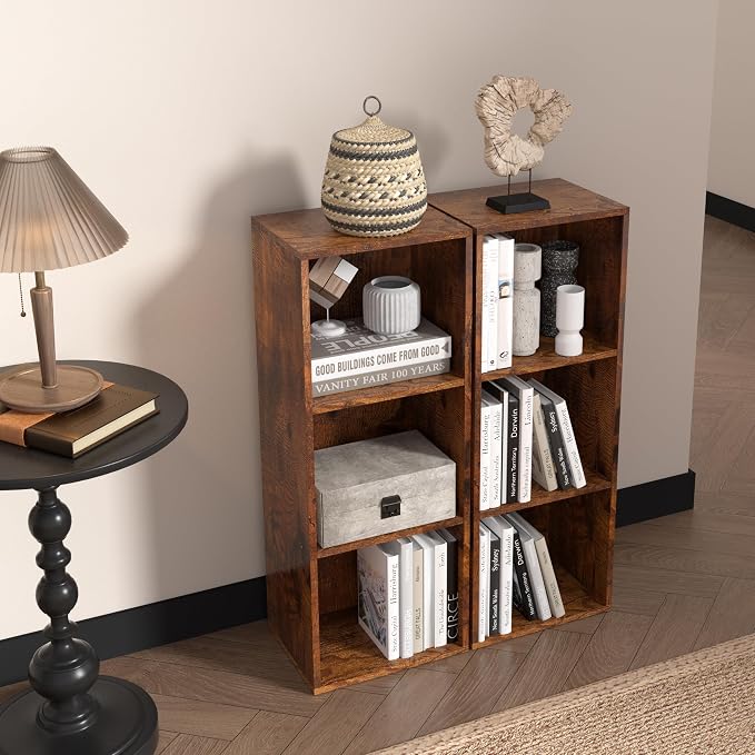 Wooden 3 Cube Storage Organizer, 3 Tier Storage Cubes Storage Display Cubby, Freestanding DIY Closet Shelving Unit for Living Room Bedroom Office (Retro Brown, 3 Cube-W(11.8inch)