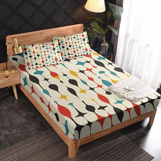Mid Century Sheets King Size, Retro Geometric Bed Sheet Set, Modern Abstract Bedding Sheet Sets 4 Piece, Soft Microfiber Deep Pocket Fitted Sheet & Flat Sheet & 2 Pillowcases