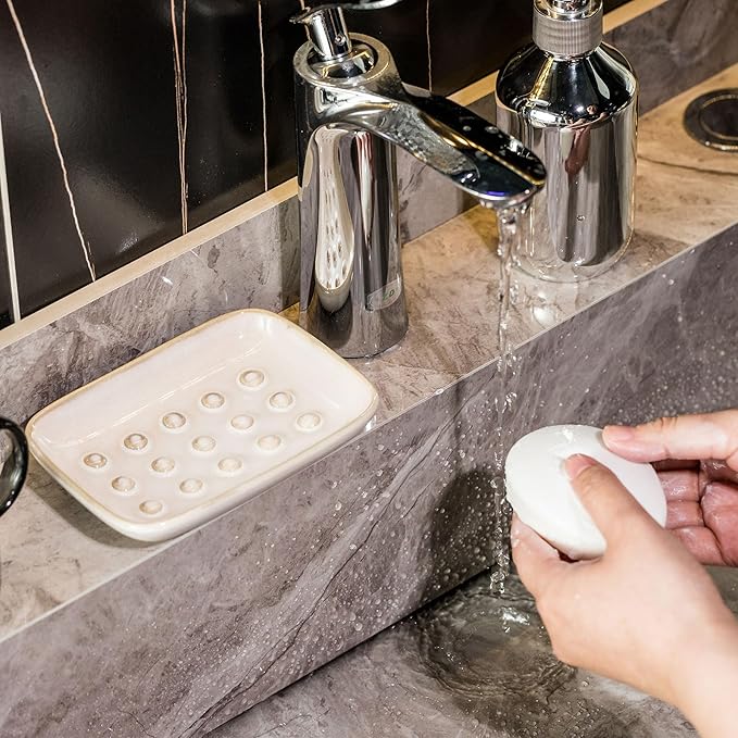 Soap Dish for Shower, Ceramic Soap Dish Non-Slip Soap Holder Bar Saver Tray for Bathroom Kitchen Sink, Floating Point Design Save Soap Loss (Pack of 2)