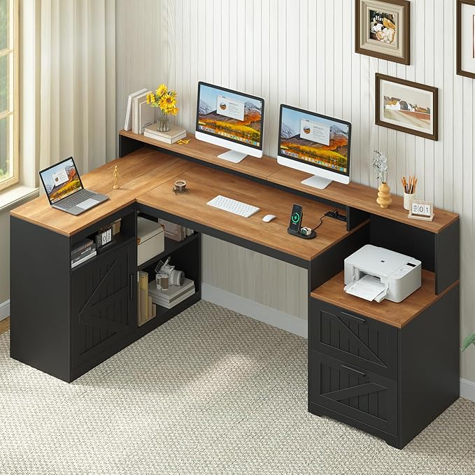 TVU Farmhouse L Shaped Desk with Drawers, 62.2" Home Office Desk with Storage Shelves and Power Outlet, L Shaped Computer Desk with Monitor Stand and Printer Shelf, Brown and Black