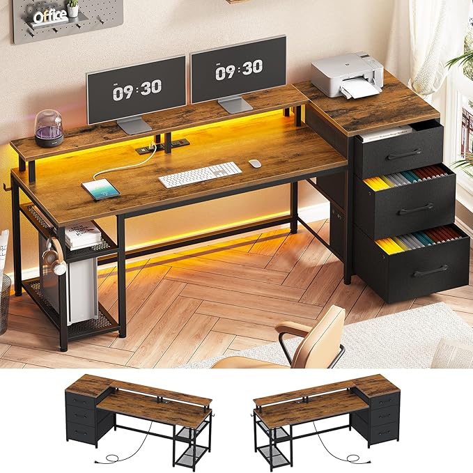 SEDETA 59" Office Desk with Drawers, Reversible Computer Desk with File Drawers & Storage, Gaming Desk with LED Lights & Power Outlet, Home Office Desks for Printer, Rustic Brown