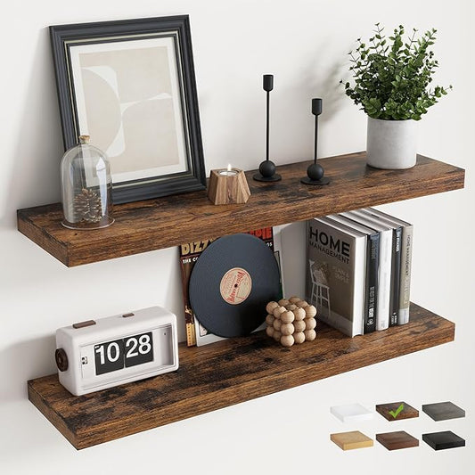 Floating Shelves for Wall with Invisible Brackets, Wall Mounted Engineered Wood Shelves with Wood Grain for Living Room, Bathroom, Kitchen Decor and Storage, Oak, 36"L Set of 2, Rustic Brown