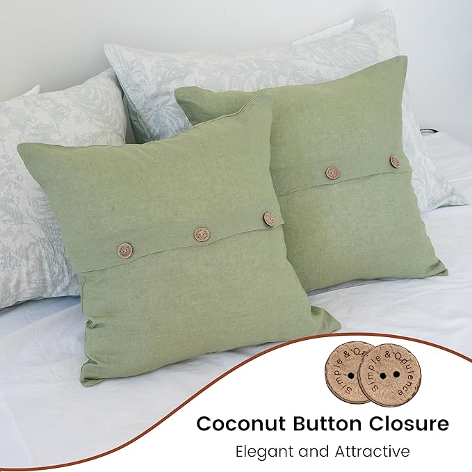 Simple&Opulence Linen Throw Pillow Covers Pack of 2, Triple Coconut Button Vintage Farmhouse Natural Flax Decorative Square Cushion Cover for Sofa Couch Chair - Sage Green, 18'' x 18''