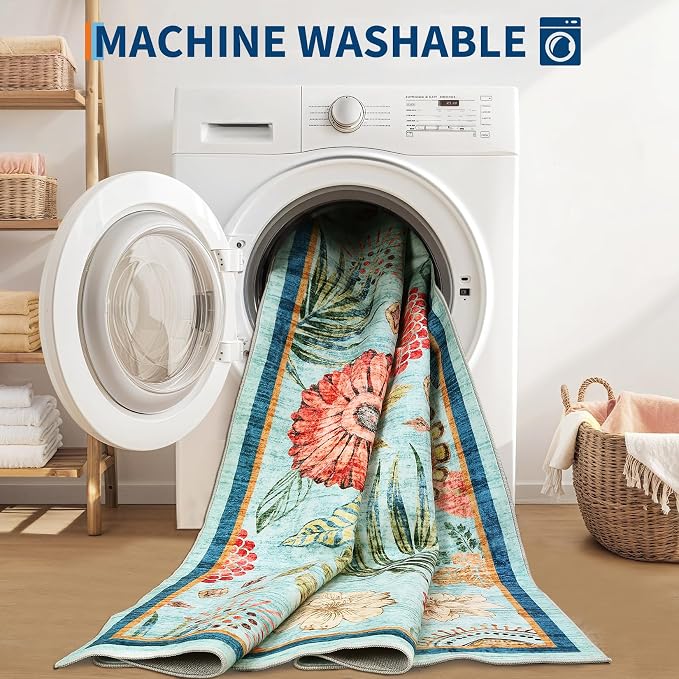 Washable 9x12 Vintage Floral Area Rug Non Shedding Living Room Large Carpet Non Slip Modern Botanical Solid Indoor Carpets Low Pile Floral Rug Soft Thin Mat for Classroom Dining Room, Blue