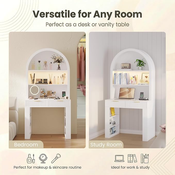 Arched Desk for Home Office, Computer Desk with 2 Drawers & Hutch, Wood Writing Desk with Power Outlets, 3 Color LED Lights, Side Open Shelves, Modern Fluted Design, 35.4" W x 70.8" H (White)
