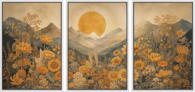 wall26 Framed Print Wall Art Set Boho Sunflower Mountain Vintage Yellow Floral and LandscapeDecorative Minimal Relax/Zen for Living Room, Bedroom, Office - 16"x24"x3 WHITE