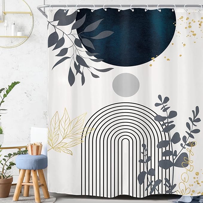 Riyidecor Extra Long Boho Modern Shower Curtain for Bathroom Decor 72Wx96H Navy Blue Abstract Bohemian Tropical Minimalist Aesthetic Art Printed Fabric Polyester Waterproof 12 Pack Plastic Hook
