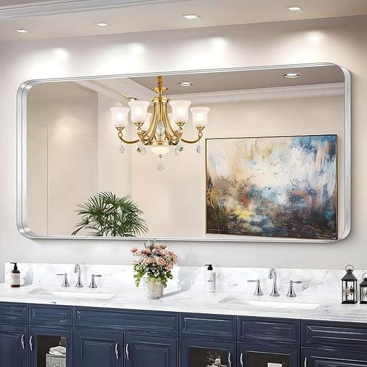 CIRCUMI Silver Bathroom Mirror, 36"x72" Rectangular Mirror with Deep Metal Frame, Rounded Corner, Tempered Glass, Large Mirror for Wall, Over 2 Sinks, Installed Vertically/Horizontally, Crystal-Clear